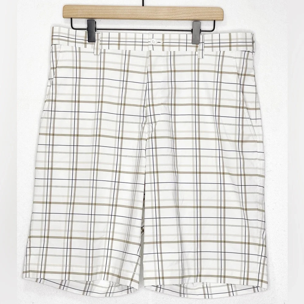 Nike Golf Dri-Fit White Tan Plaid Shorts Performance Sz 34 Stretch 388782-100